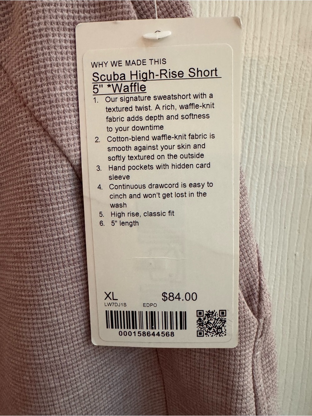 LULULEMON Scuba High-Rise Short 5"
Waffle Heathered Porcelain Pink Size XL NWT - Picture 6 of 7
